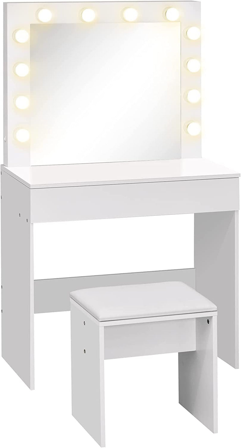 Set Tavolo Da Trucco Toeletta Con Specchio, 12 Luci LED, Sgabello Imbottito E Ampio Cassetto in Legno, 80X40X140 Cm, Bianco