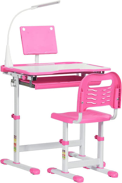 Banco Scuola Con Sedia per Bambini 6-12 Anni Altezza Regolabile, Piano Inclinabile a 45° E Lampada LED, Acciaio E MDF, Rosa