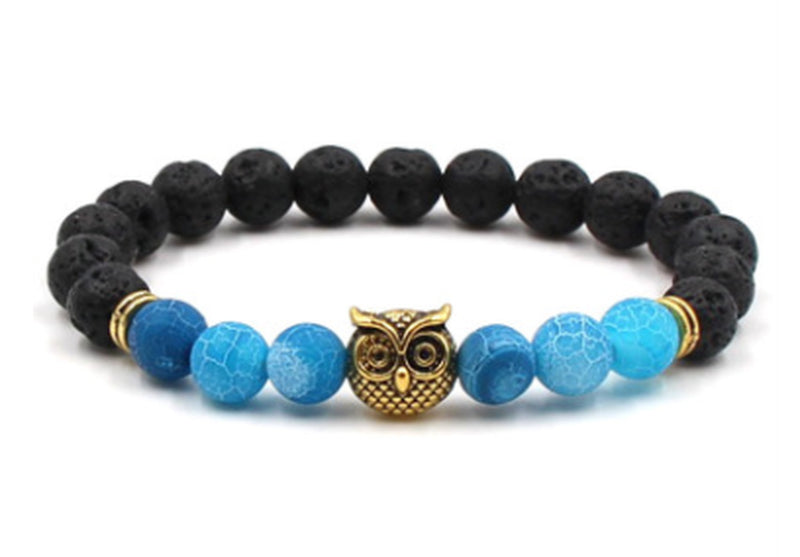 Foreign Trade Aliexpress Best Selling 8Mm Natural Stone Black Lava Volcanic Stone Bracelet Gold Alloy Owl Bracelet