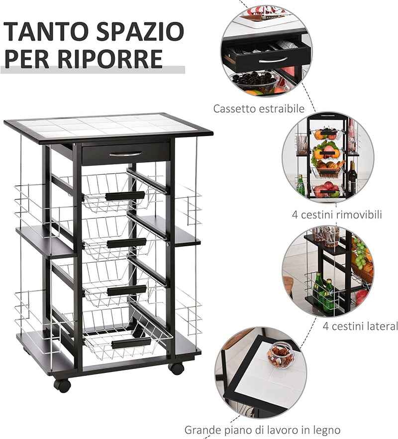 Carrello Da Cucina Salvaspazio Con 1 Cassetto, 4 Cesti Estraibili, 4 Ripiani, Legno Di Pino E Metallo, 57X37X83Cm