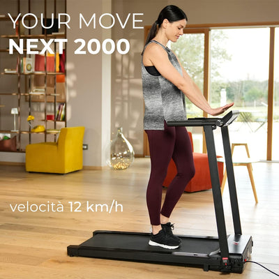 NEXT 2000 Tapis Roulant Elettrico Pieghevole 12 Km/H, CONTROLLO GESTUALE O Tramite Tasti, Brand Italiano, Ampia Superfice Corsa, Telaio Rinforzato, APP Kinomap Zwift Bitg, Salvaspazio, Your Move