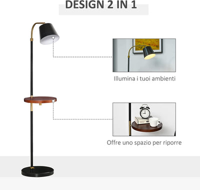 Lampada Da Terra Con Ripiano Da Ф29.5Cm, Lampada Da Pavimento per Salotto Compatibile Con Lampadine E27 Da 40W, Metallo Nero E Oro