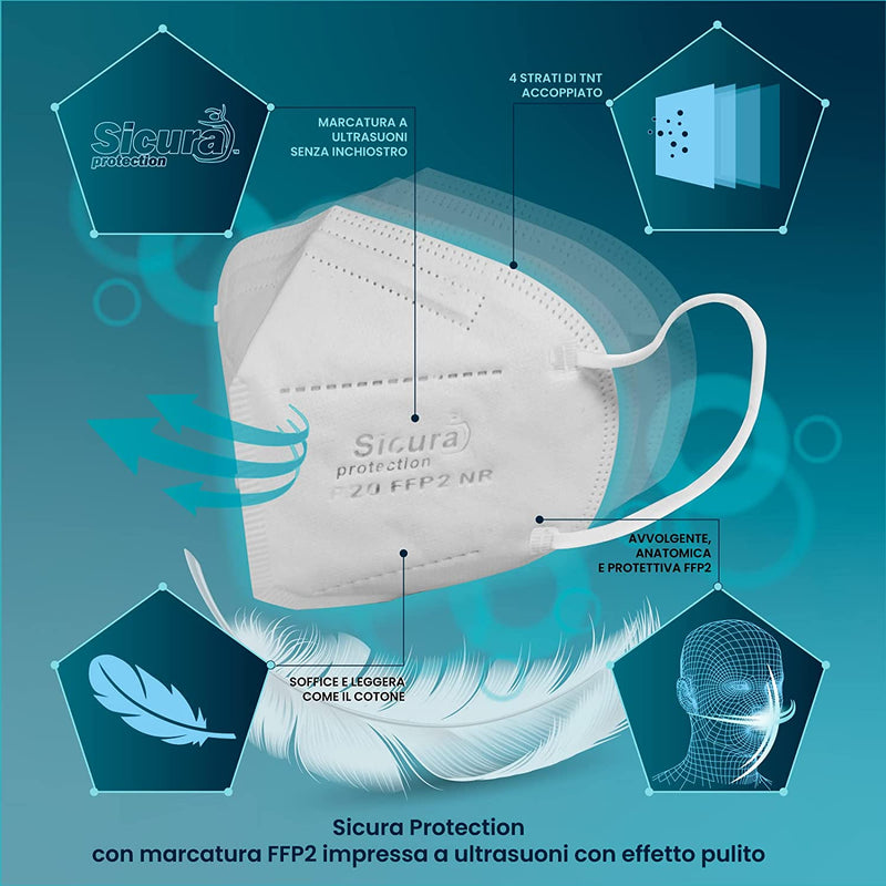 50 Mascherine FFP2 Certificate CE Made in Italy SICURA BFE ≥99% Mascherina Produzione Italiana E Sanificata EN 149:2001+A1:2009