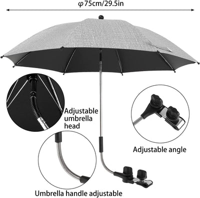 Ombrellone per Passeggino Ombrello Universale 50+ UV Con Morsetto Regolabile E Braccio Flessibile per Carrozzina,Passeggino,Bici Sedia a Rotelle Sedia Da Spiaggia (Grigio, 75Cm)