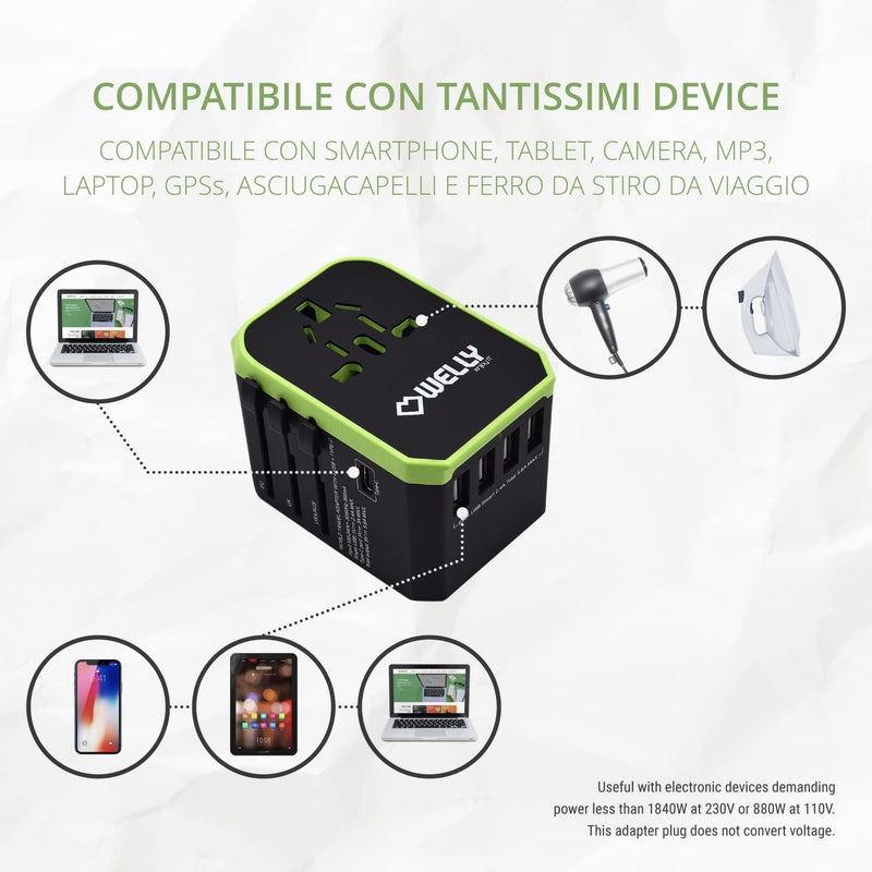 Adattatore Universale Da Viaggio Con Spine EU, UK, US, AU, 4 Porte USB E 1 Porta Type-C