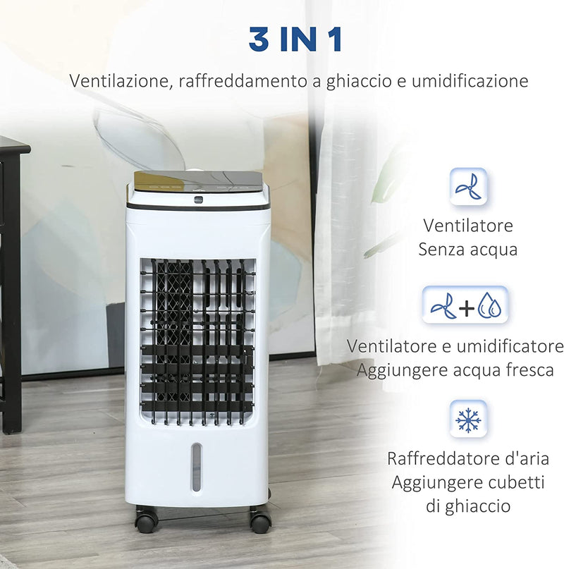 Raffrescatore Evaporativo 3 In1, Ventilatore Con Ghiaccio E Umidificatore, 3 Velocità, 3 Modalità, Telecomando E Timer, 75W Bianco