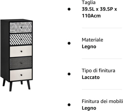 Mobile Cassettiera 5 Cassetti Fantasia Geometrica, Arredamento Moderno Camera E Ingresso, 40X40X111.5Cm Nero Grigio