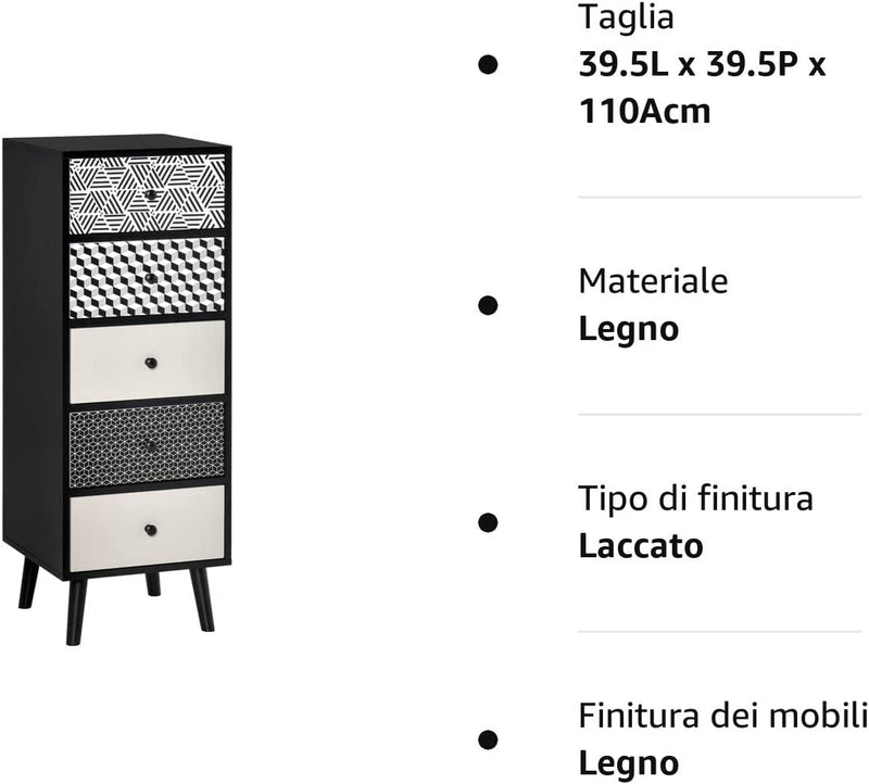 Mobile Cassettiera 5 Cassetti Fantasia Geometrica, Arredamento Moderno Camera E Ingresso, 40X40X111.5Cm Nero Grigio