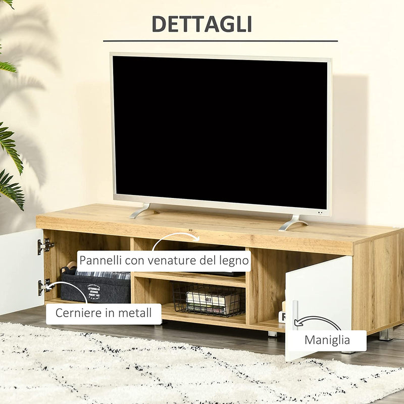 Mobile TV Con 2 Armadietti, 2 Fori Passacavi E 2 Ripiani in Legno MDF, Mobiletto Bianco per TV Fino 63", 140X40X41.5Cm