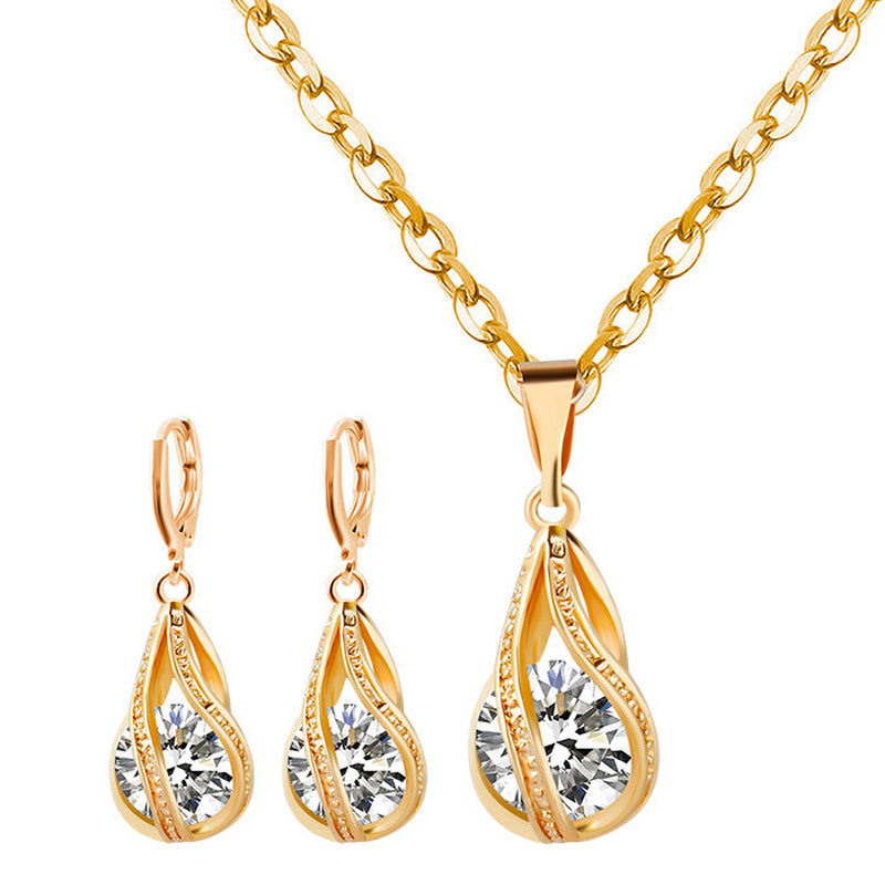 S163 Korean Simple Zircon Jewelry Set Silver Drop Necklace Earrings Set New Bride Wedding