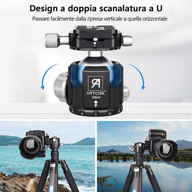 Testa per Treppiede a Basso Profilo, 44 Mm, in Metallo, Doppia Panorama Con Piastra a Sgancio Rapido Arca 1/4" per Treppiede, Monopiede, Cursore, Fotocamera DSLR, Portata: 25 Kg