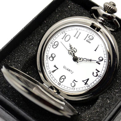 Retro Black Fashion Silver Smooth Steampunk Quartz Pocket Watch Stainless Steel Chain Necklace 30 Cm for Men for Women with Gift Box