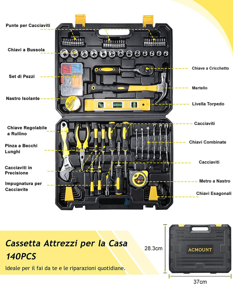 Cassetta Attrezzi Completa,  Cassetta Attrezzi 140 Pezzi, Con Set Cacciavite Chiavi a Cricchetto Pinze, Set Attrezzi Lavoro - Fai Da Te Portatile per Riparazioni Quotidiane Di Casa Ufficio