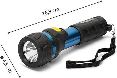 IP05 Torcia LED in Alluminio Iper Resitente. Con Comodo Laccio. Funziona Con 2 Pile AA (Non Fornite). Super Luminosa 70Lm (1W), Resistente All'Acqua E Urti, Blu