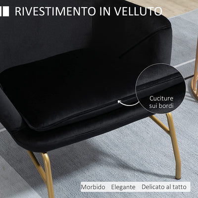 Poltrona Imbottita in Velluto, Poltroncina Da Camera E Salotto,Poltrona Relax Con Braccioli E Schienale Alto, 74X68X77Cm, Nero