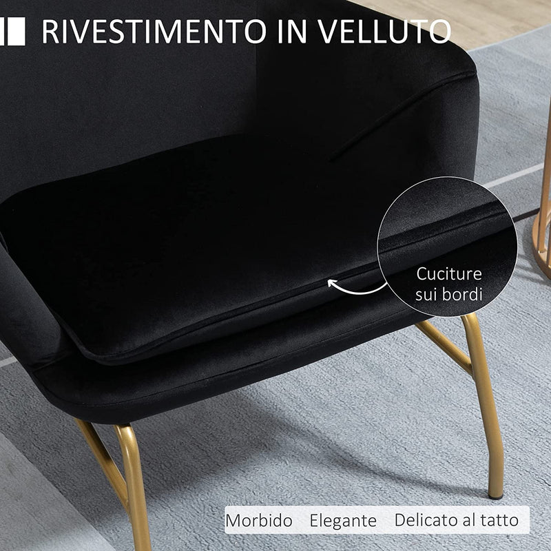 Poltrona Imbottita in Velluto, Poltroncina Da Camera E Salotto,Poltrona Relax Con Braccioli E Schienale Alto, 74X68X77Cm, Nero