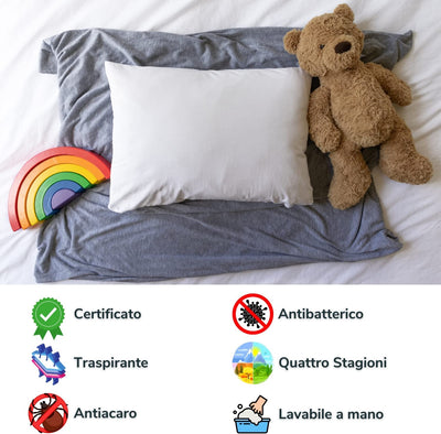 Cuscino Lettino Bambino (100% Made in Italy E OEKO-TEX®) - Cuscino Bambino Morbido 40X60 Cm - Cuscino per Bambini Sottile, Traspirante, Antiacaro Con Federa 100% Cotone