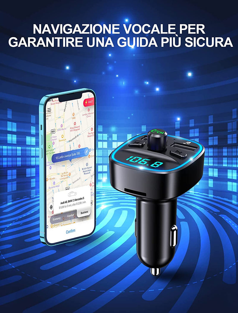 Trasmettitore FM Bluetooth per Auto, Adattatore Bluetooth Auto Audio Radio Lettore Musicale MP3, Chiamata Vivavoce, Porte USB Doppie (5V/2.4A & 1A), Lettore Di Schede TF & Chiavetta USB