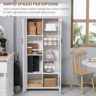 Credenza Moderna a 2 Ante Con 7 Mensole Regolabili, Madia Con Anta in Legno E Vetro, 76X36X160Cm, Bianco