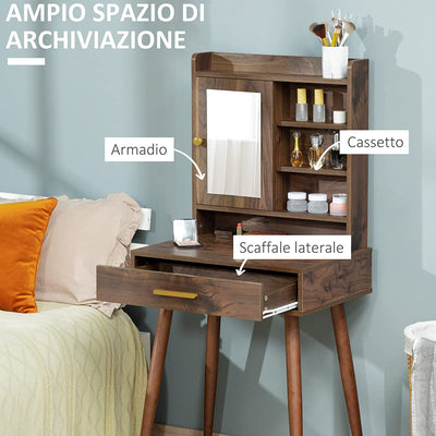 Tavolo Da Trucco Con Specchio in Legno, Cassetto E 4 Ripiani Salvaspazio, 60X45X134Cm, Color Noce