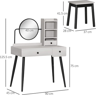 Set Da Toeletta Tavolo per Trucco, Specchio E Sgabello Con 3 Cassetti E Ripiani Aperti, Struttura in Legno, Grigio