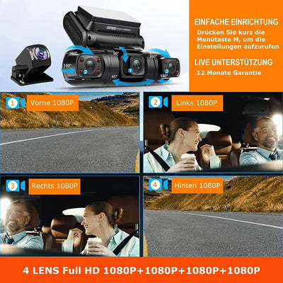 4 Lenti Dashcam Quad 4X1080P Anteriore, Sinistra, Destra E Posteriore Con Parcheggio GPS 24H/7, Visione Notturna IR Dash Cam Auto, 150 ° Angolo Largo WDR 3 Pollici TFT G Sensor Max 256GB D70