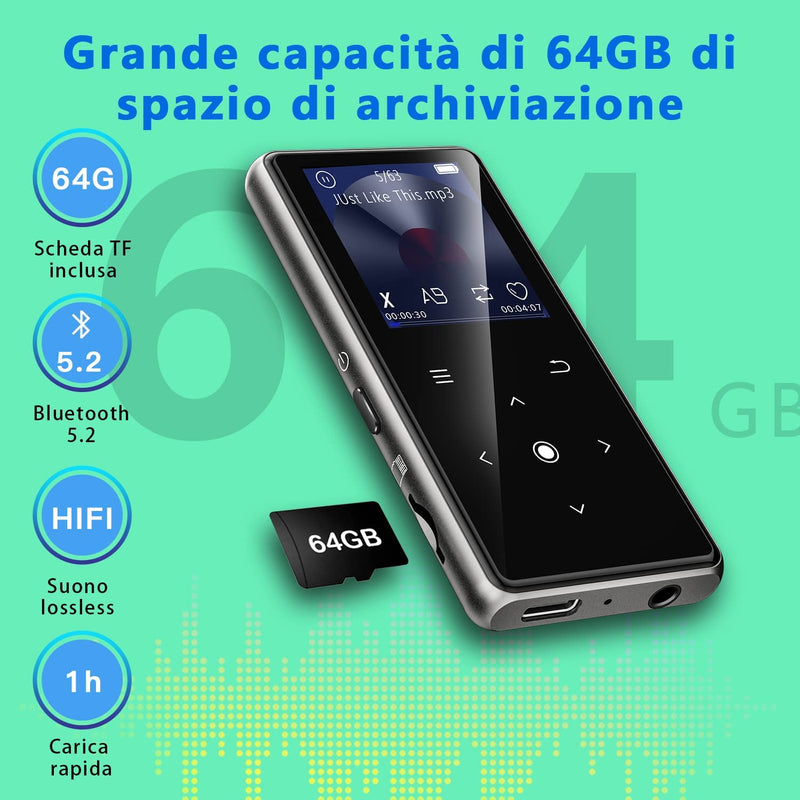 64GB Lettore MP3 Con Bluetooth 5.2,  Lettore Musicale Con Altoparlante HD Integrato, Radio FM, Registratore Vocale, Suono Hifi, Peso 0,15 Lb, Funzione E-Book, Auricolari Inclusi