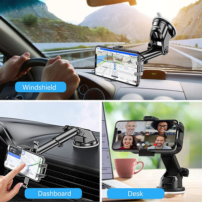 Supporto Cellulare Auto, Supporto Smartphone Auto 360° Di Rotazione Con Regolabile Clip E Braccio Estensibile E Potente Ventosa, per Cruscotto E Parabrezza Adatto a Quasi Tutti Gli Smartphone