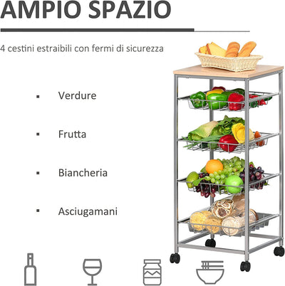 Carrello Cucina Salvaspazio Ruote 4 Cesti Acciaio Legno 36.5 × 36.5 × 89Cm