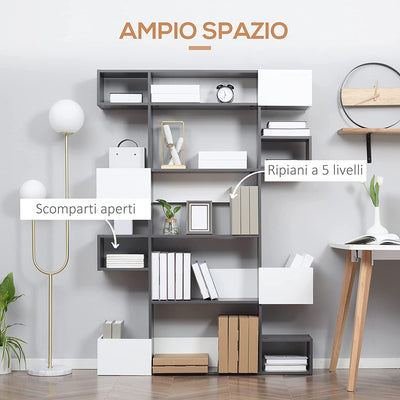 Libreria Moderna a 5 Livelli Con 8 Ripiani Aperti E Design Sfalsato, in Pannelli Di Truciolato, 120X20X171 Cm, Grigia E Bianca