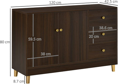 Credenza Moderna Con 3 Cassetti E Ripiano Interno Regolabile, Mobiletto Multiuso in MDF, Adatto a Ogni Spazio Interno, 120X42.5X80Cm, Marrone