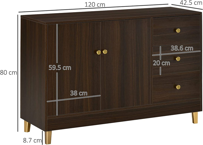 Credenza Moderna Con 3 Cassetti E Ripiano Interno Regolabile, Mobiletto Multiuso in MDF, Adatto a Ogni Spazio Interno, 120X42.5X80Cm, Marrone