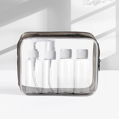 Bottigliette Da Viaggio Set per Aereo 4Pezzi 60Ml Contenitori Da Viaggio per Liquidi Kit Da Bottiglie Da Viaggio Con Trasparente Volo Borsa Da Toilette Set Da Viaggio per Cosmetici FDA (S, Nero)