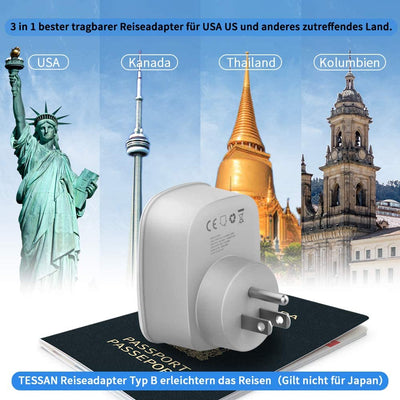 Adattatore Presa Americana, Adattatore USA Con 2 USB, 3 in 1 Presa Americana, Adattatore Americano per America/Canada/Messico, Adattatore Presa USA 1250W, Adattatore Spina Americana Tipo B