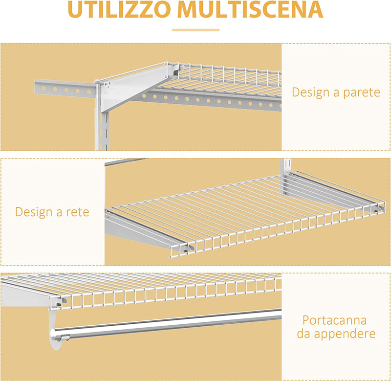 Set Appendiabiti a Muro Con 5 Mensole E 3 Barre, Accessori per Cabina Armadio Salvaspazio, Bianco