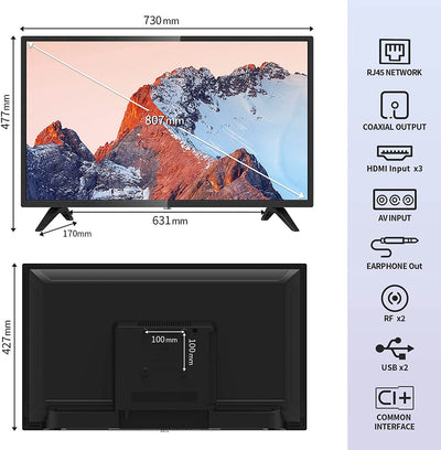 AV32 Smart TV 32 Pollici (80 Cm) Televisore Con Netflix, Prime Video, Rakuten TV, Disney+, Youtube, Wifi, Triplo Sintonizzatore DVB-T2/S2/C, Dolby Audio