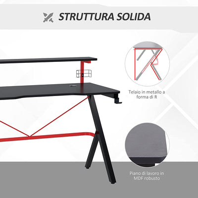 Scrivania Da Gaming Con Ripiano Monitor, Scrivania per Computer Porta PC Con Gancio E Portabicchieri Nera E Rossa, 120X60X97Cm