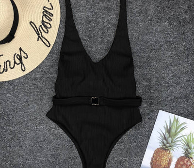 Women'S One-Piece Swimsuit European and American Solid Color Special Fabric Belt Buckle One-Piece Bikini