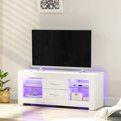 Mobile Porta TV Da 55" Con Luci LED a 12 Colori E Telecomando, Mobile Da Salotto in Legno Con Mensole in Vetro 120X40X50Cm, Bianco