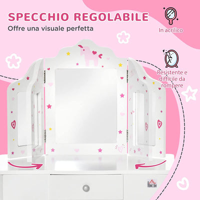 Kids Vanity Table & Stool Girls Dressing Set Make up Desk Chair Dresser Play Set with Rotatable Mirrors Drawer Star & Heart Pattern White