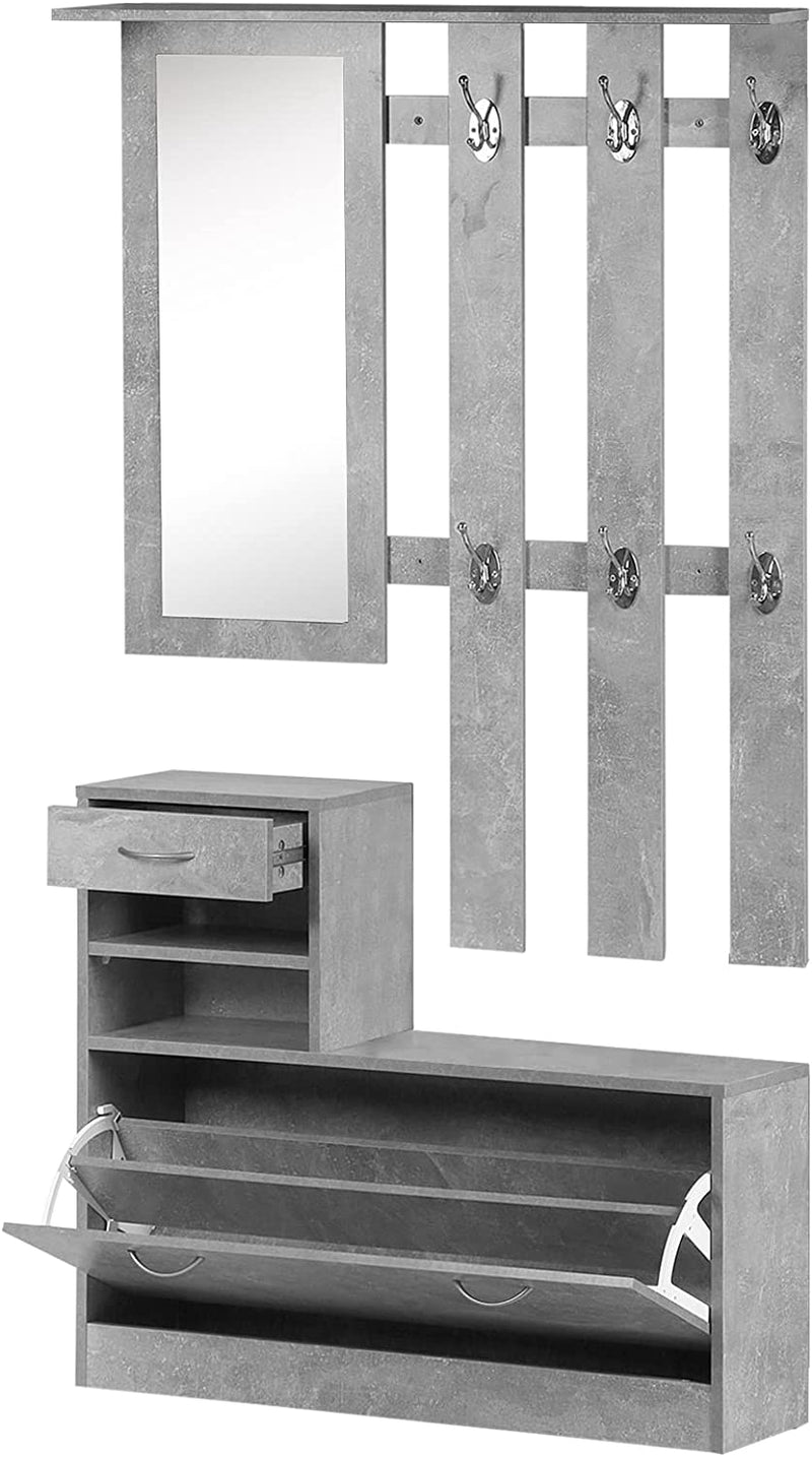 Mobile Da Ingresso Appendiabiti Con Scarpiera E Specchio, Mensole E Cassetto, 90X22X116Cm Grigio Cemento