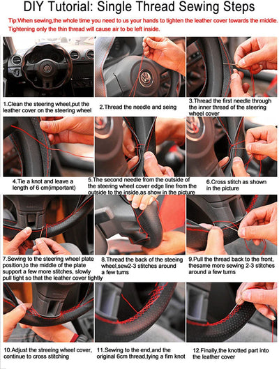 Coprivolante Fai-Da-Te in Pelle Morbida Sul Volante Dell'Auto Con Ago E Filo Accessori Interni Rosso