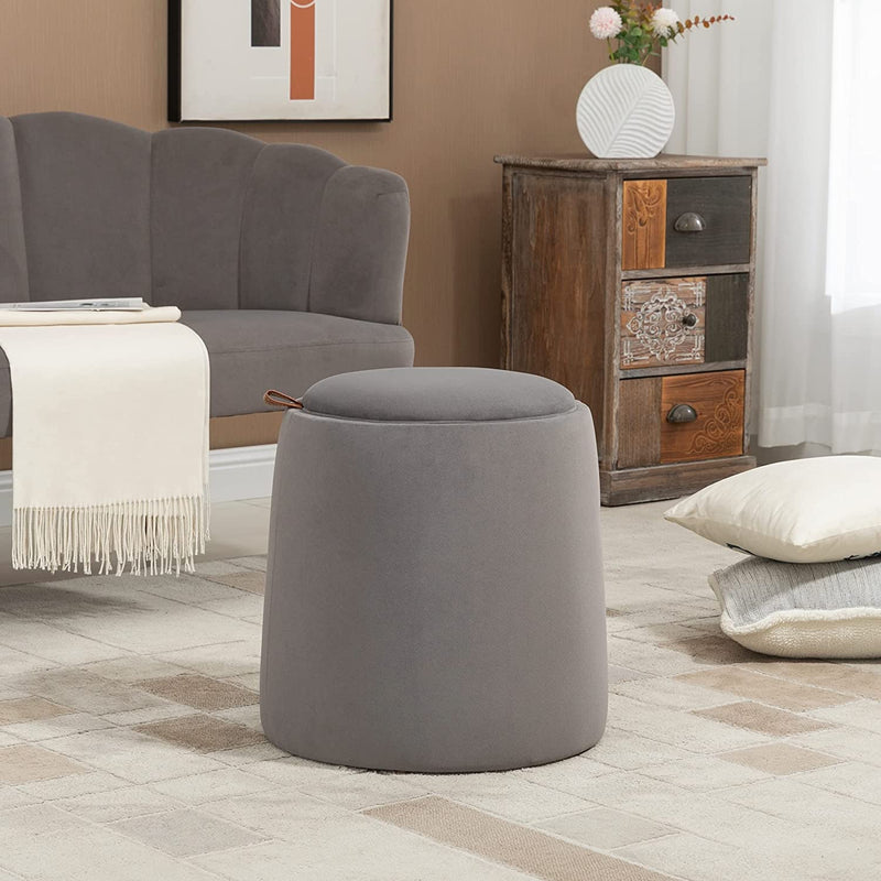 Pouf Poggiapiedi in Velluto Con Contenitore, Coperchio 2 in 1 Con Imbottitura E Lato in Legno, Tavolino Da Caffè Rotondo Ø44 X 47.5Cm, Grigio