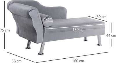 Chaise Longue Imbottita in Stile Vintage, Poltrona Letto Con Cuscino Incluso, in Metallo E Velluto Grigio, 160X56X75 (Cm)