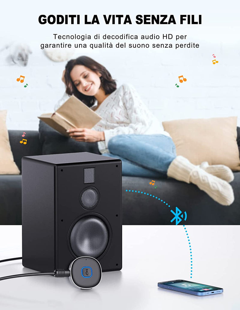 Ricevitore Bluetooth 5.3, Mini Aux Bluetooth Auto per Stereo/Altoparlante/Cuffie Cablate, Adattatore Bluetooth Auto Jack 3.5 Mm, Chiamate in Vivavoce, Connessione Doppia, 16 Ore Di Riproduzione