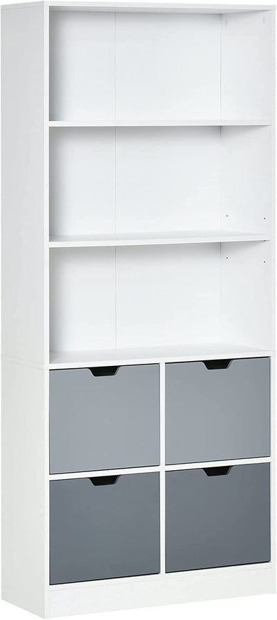 Mobile Libreria Con 4 Cassetti E 3 Ripiani Aperti per Casa E Ufficio, in MDF E Truciolato, 76X30X173Cm, Bianco E Grigio