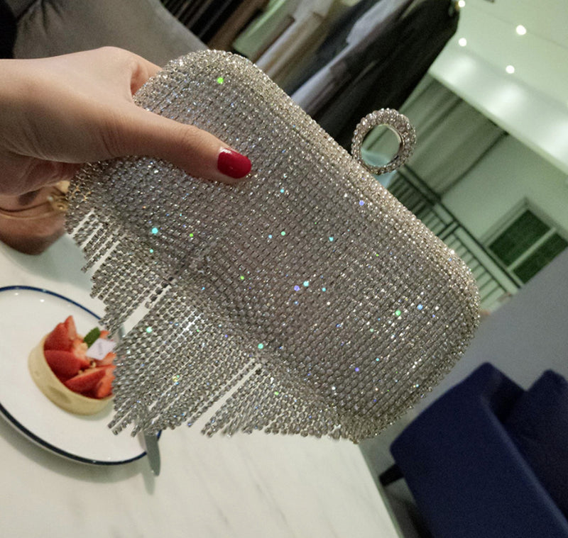 2021 New Shiny Diamond Ladies Fringed Hand Bag Bag Bag Bag Night Party Party Bride Xiekua Package