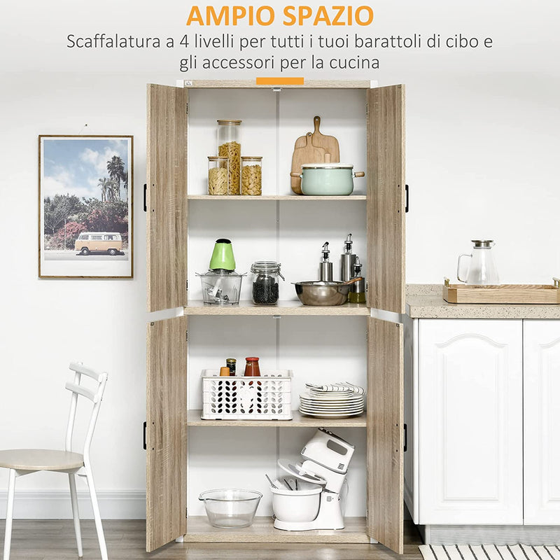 Dispensa Cucina in Legno MDF Con 4 Ripiani Regolabili, 4 Porte E Dispositivo Antiribaltamento, 80X40X182Cm, Color Legno E Bianco