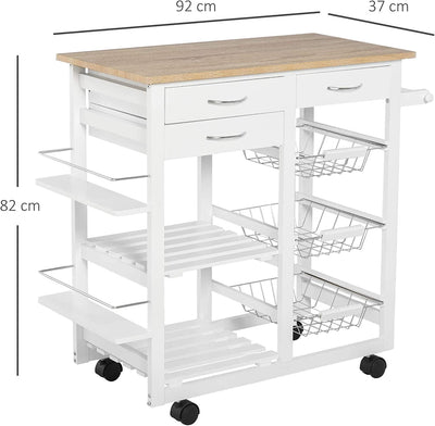 Carrello Con Ruote Da Cucina Salvaspazio in Legno Massiccio: 3 Cassetti, 3 Cestelli, 2 Portaspezie, 2 Ripiani, 92X37X82 Cm