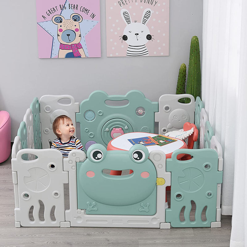 Recinto per Bambini Box Modulare 14 Pezzi, Porta Con Blocco E Giochi Integrati, Plastica PP, 154X154X62Cm, Verde